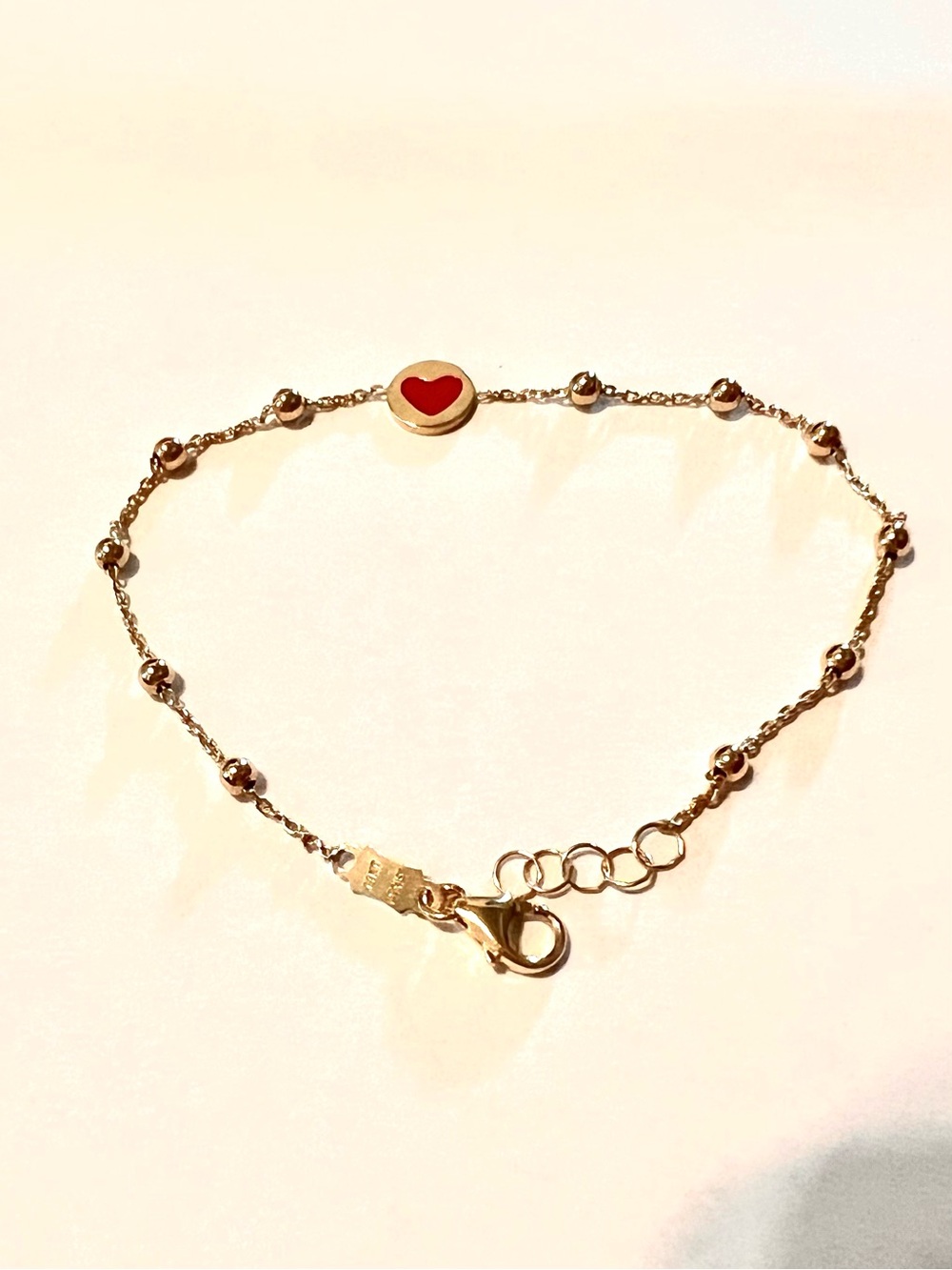 14k Gold Red Enamel Heart Beaded Bracelet